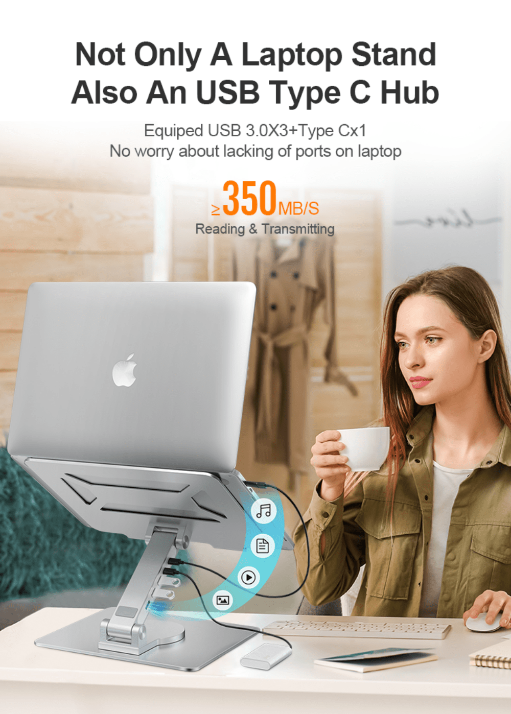 Factory Custom Logo Box iDock Height Angle Adjustable 360 Degree Rotating Desktop Laptop Holder Stand with Type C USB 3.0 HUB - iDock Laptopstand