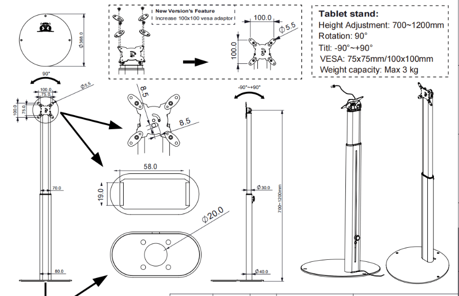 Factory Custom Logo Box IDock Stylish Adjustable Height iPad Floor Holder 90° Rotation Metal Floor Tablet Stand - iDock Laptopstand