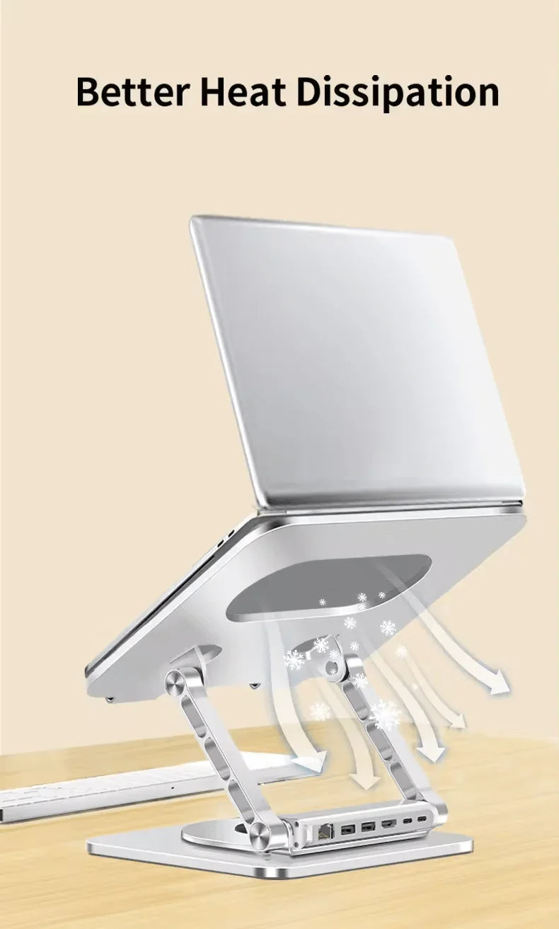 iDock 360 Degree Rotating Aluminium Alloy Adjustable Laptop Stand with Type - C and USB 3.0 HUB for HDMI 2.0 RJ45 Ethernet Docking Station - iDock Laptopstand