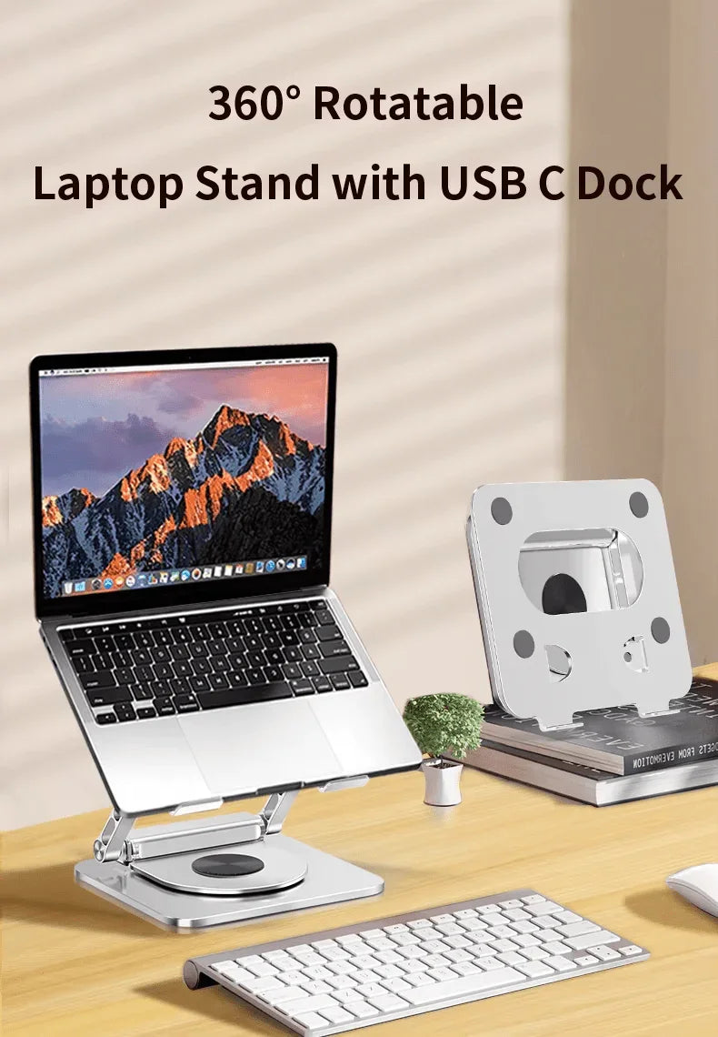 iDock 360 Degree Rotating Aluminium Alloy Adjustable Laptop Stand with Type - C and USB 3.0 HUB for HDMI 2.0 RJ45 Ethernet Docking Station - iDock Laptopstand