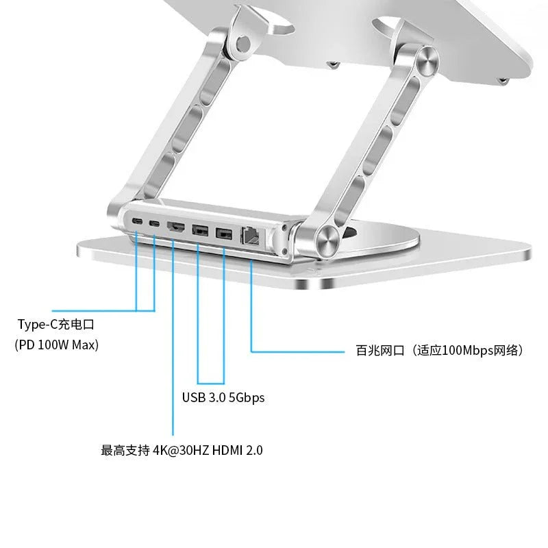 iDock 360 Degree Rotating Aluminium Alloy Adjustable Laptop Stand with Type - C and USB 3.0 HUB for HDMI 2.0 RJ45 Ethernet Docking Station - iDock Laptopstand