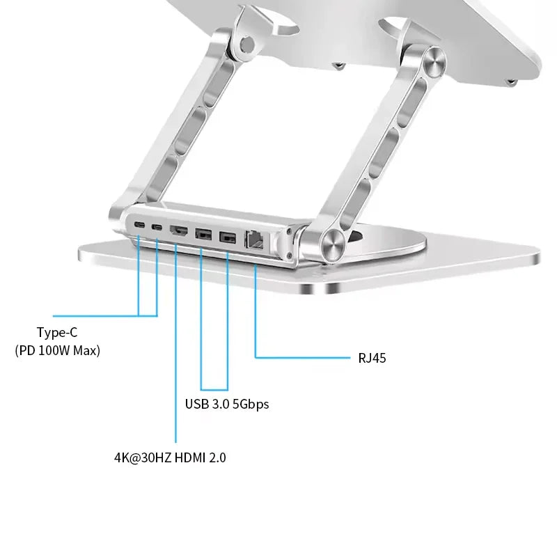 iDock 360 Degree Rotating Aluminium Alloy Adjustable Laptop Stand with Type - C and USB 3.0 HUB for HDMI 2.0 RJ45 Ethernet Docking Station - iDock Laptopstand