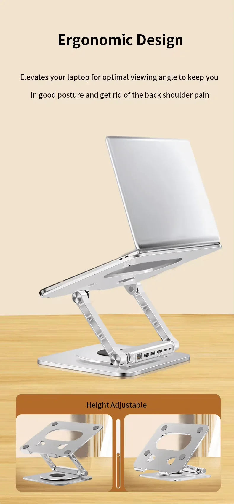 iDock 360 Degree Rotating Aluminium Alloy Adjustable Laptop Stand with Type - C and USB 3.0 HUB for HDMI 2.0 RJ45 Ethernet Docking Station - iDock Laptopstand