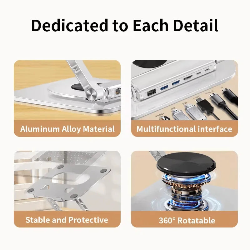 iDock 360 Degree Rotating Aluminium Alloy Adjustable Laptop Stand with Type - C and USB 3.0 HUB for HDMI 2.0 RJ45 Ethernet Docking Station - iDock Laptopstand