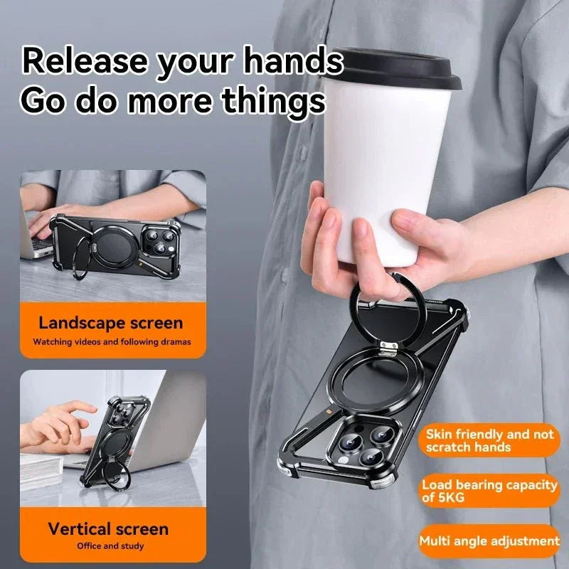 iDock Aluminum Alloy Frameless Design Z Phone Case For iPhone 13/15/14 Pro/Max With Rotatable Ring Holder Magnetic Kickstand Cover - iDock Laptopstand