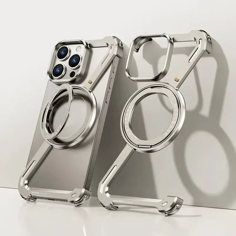 iDock Aluminum Alloy Frameless Design Z Phone Case For iPhone 13/15/14 Pro/Max With Rotatable Ring Holder Magnetic Kickstand Cover - iDock Laptopstand