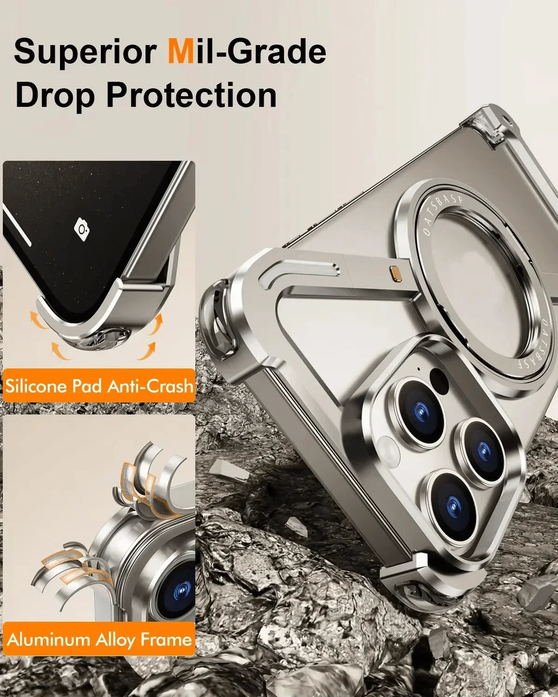 iDock Aluminum Alloy Frameless Design Z Phone Case For iPhone 13/15/14 Pro/Max With Rotatable Ring Holder Magnetic Kickstand Cover - iDock Laptopstand