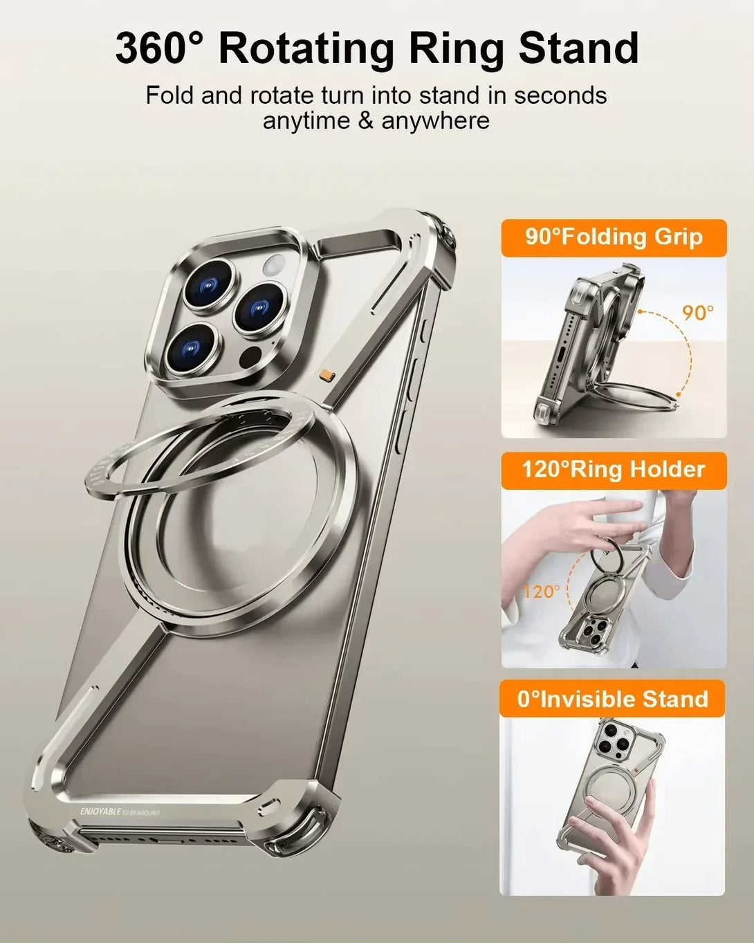 iDock Aluminum Alloy Frameless Design Z Phone Case For iPhone 13/15/14 Pro/Max With Rotatable Ring Holder Magnetic Kickstand Cover - iDock Laptopstand