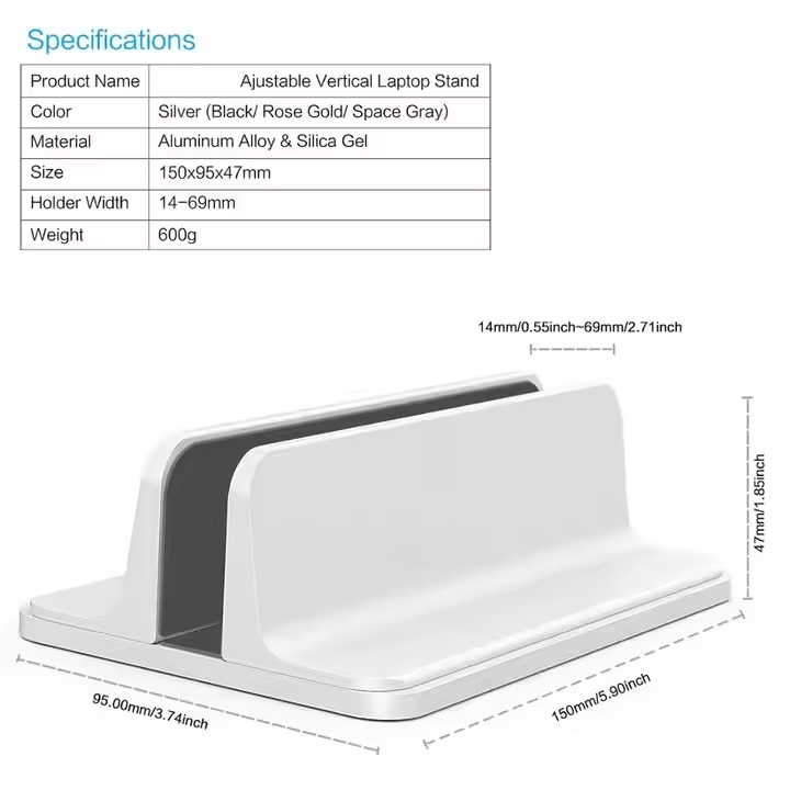 iDock Desktop Aluminum Adjustable Size Vertical Laptop Stand Fits for All MacBook Surface Chromebook and Gaming Laptops - iDock Laptopstand