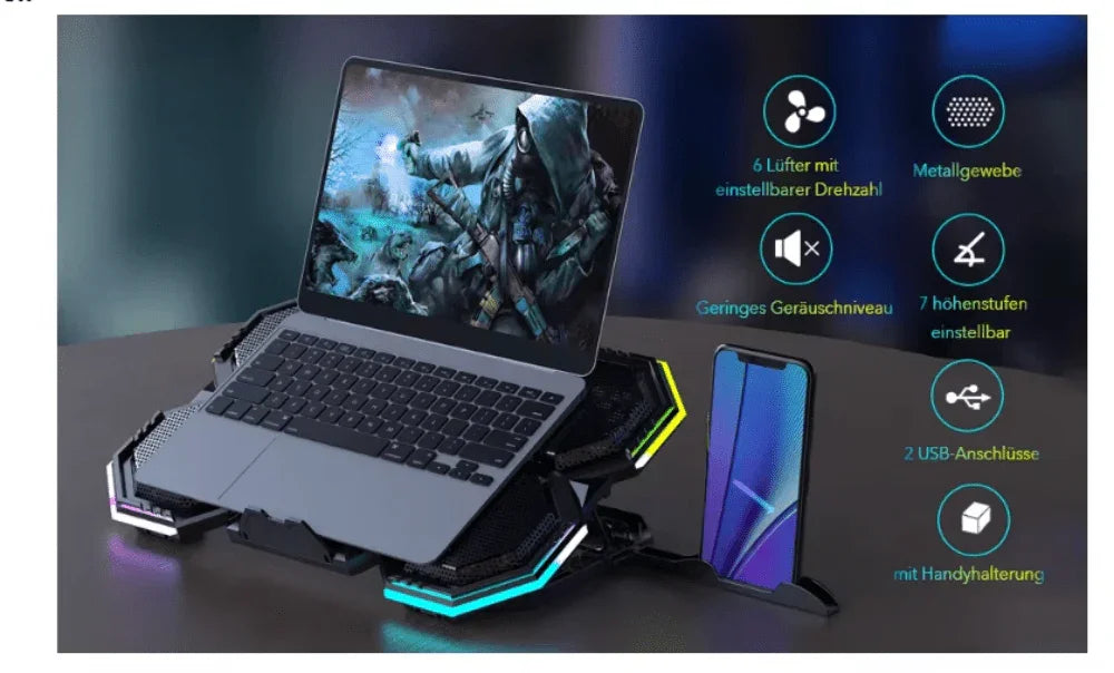 iDock Ergonomic 6 Fans Comfort Notebook Cooler RGB Gaming Laptop Cooler Laptop Cooling Pad with Phone Holder - iDock Laptopstand