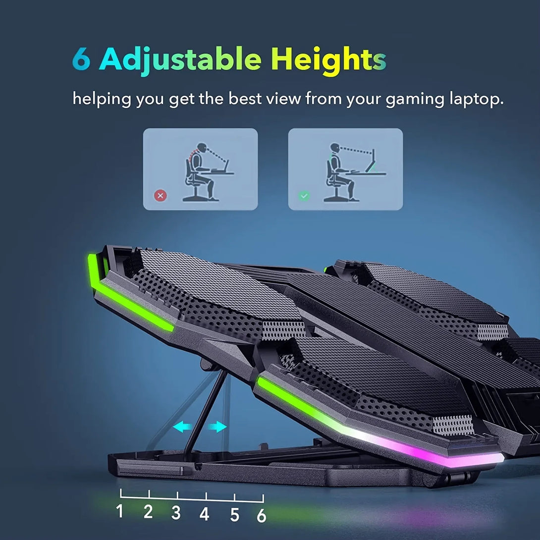 iDock Ergonomic 6 Fans Comfort Notebook Cooler RGB Gaming Laptop Cooler Laptop Cooling Pad with Phone Holder - iDock Laptopstand