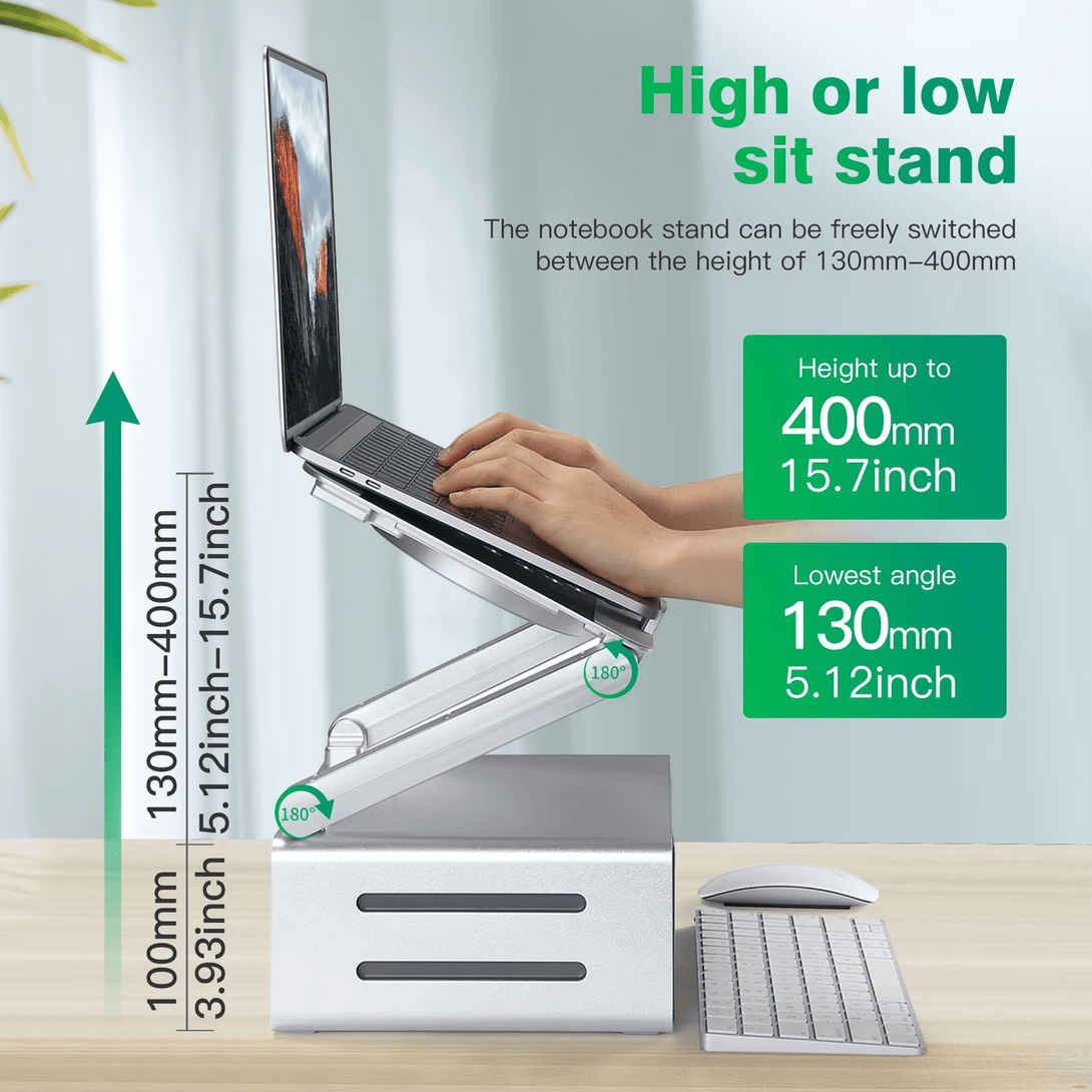 iDock Ergonomic Aluminum Notebook Stand with Fan and USB3.0 HUB Ventilated Laptop Cooler Laptop Stand with Drawer - iDock Laptopstand