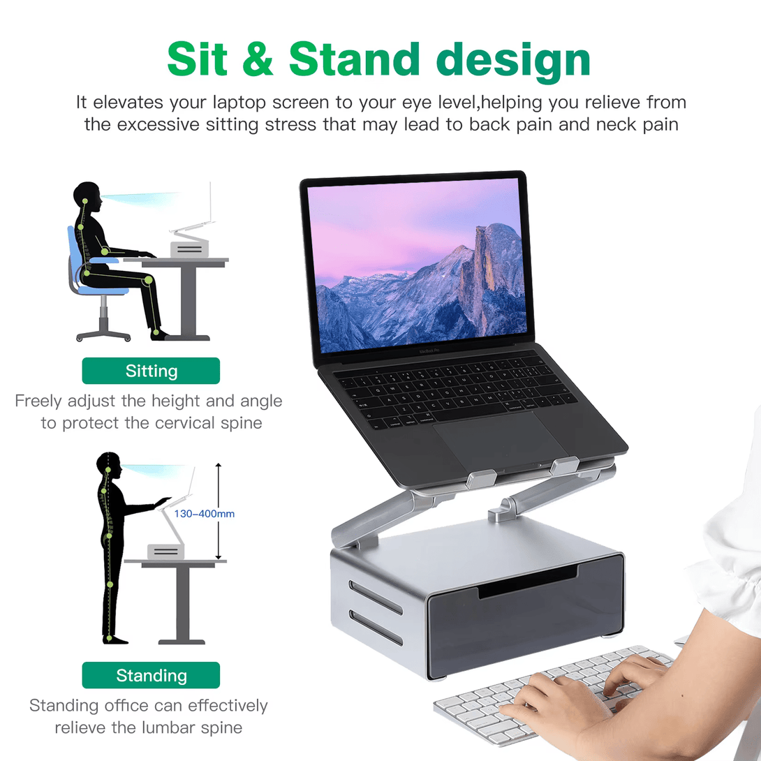 iDock Ergonomic Aluminum Notebook Stand with Fan and USB3.0 HUB Ventilated Laptop Cooler Laptop Stand with Drawer - iDock Laptopstand