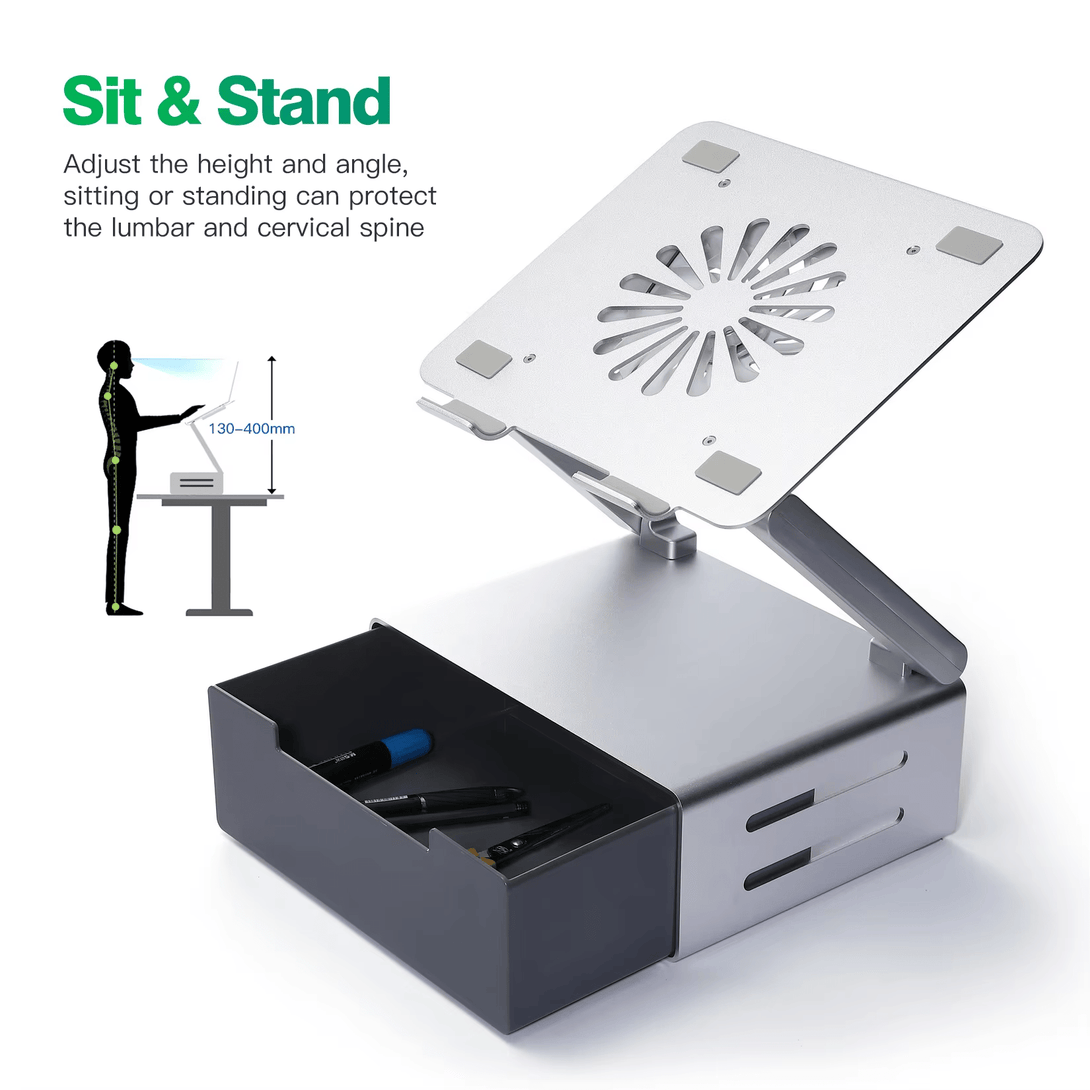 iDock Ergonomic Aluminum Notebook Stand with Fan and USB3.0 HUB Ventilated Laptop Cooler Laptop Stand with Drawer - iDock Laptopstand
