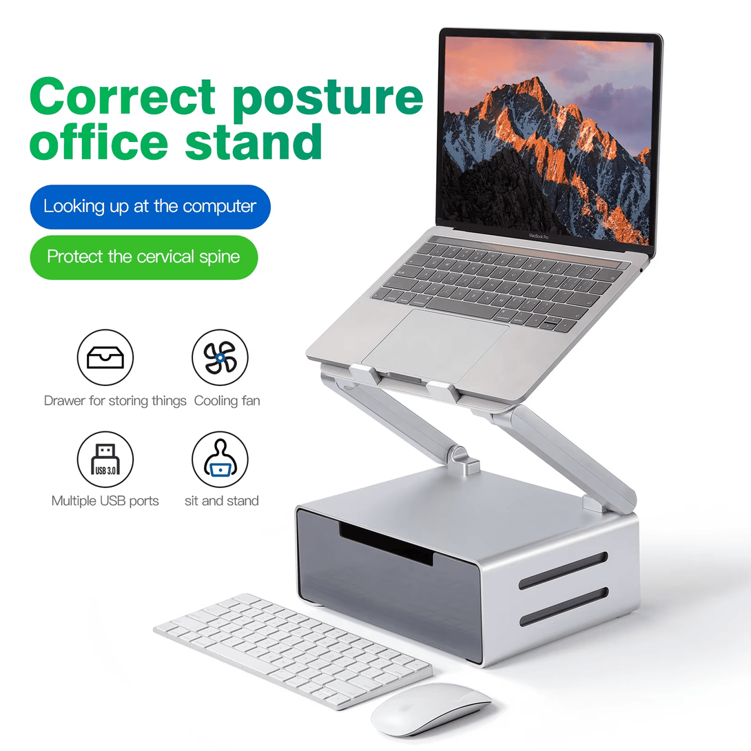 iDock Ergonomic Aluminum Notebook Stand with Fan and USB3.0 HUB Ventilated Laptop Cooler Laptop Stand with Drawer - iDock Laptopstand