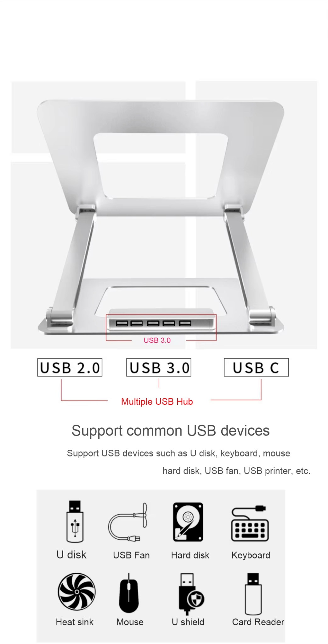 iDock Ergonomic Multi - Angle Height Adjustable Heat Vent Elevate Aluminium Folding Laptop Stand with 2.0 3.0 Type C USB - iDock Laptopstand