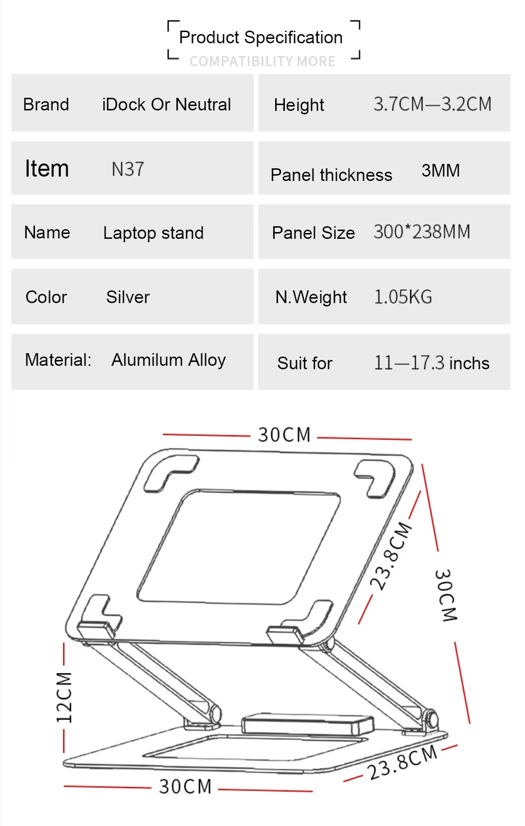 iDock Ergonomic Multi - Angle Height Adjustable Heat Vent Elevate Aluminium Folding Laptop Stand with 2.0 3.0 Type C USB - iDock Laptopstand