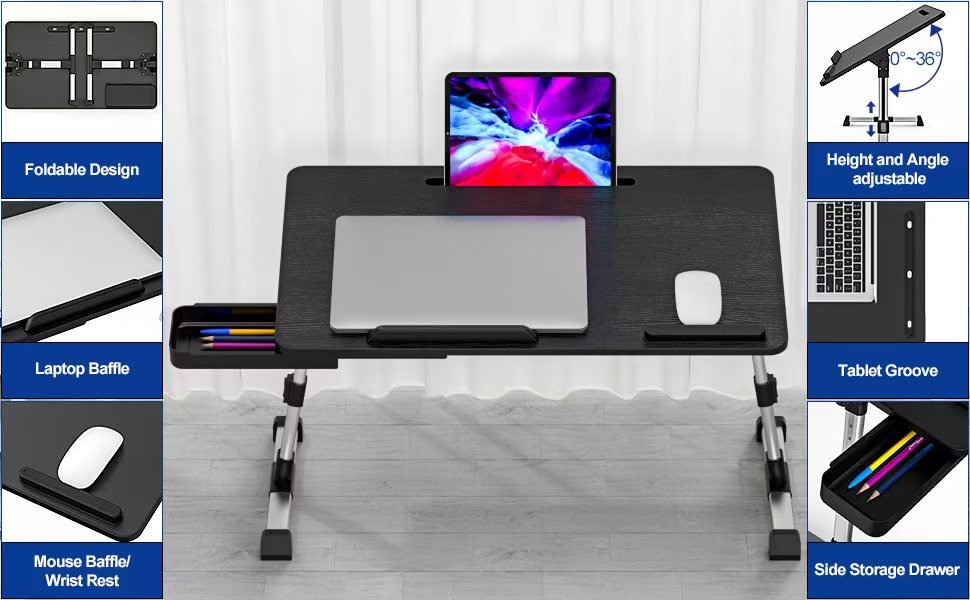 iDock Folding Multi - angle Adjustable Foldable Portable MDF Wood Home Office Bed Computer Laptop Lap Tray Desk Table with Fan - iDock Laptopstand
