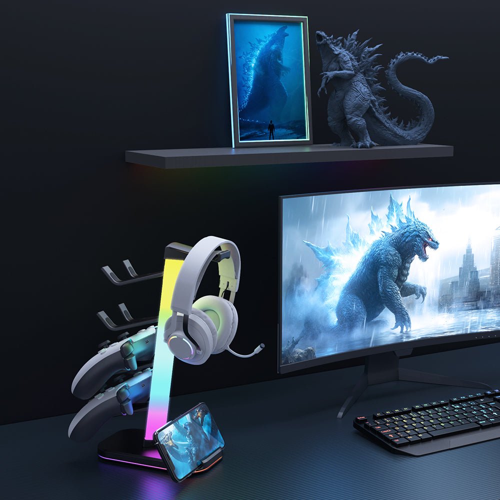 iDock Gaming Controller Holder RGB Headphones Stand 10 Light Modes with 1* USB Data Transmission Ports and 2*Type - C Charging Port - iDock Laptopstand