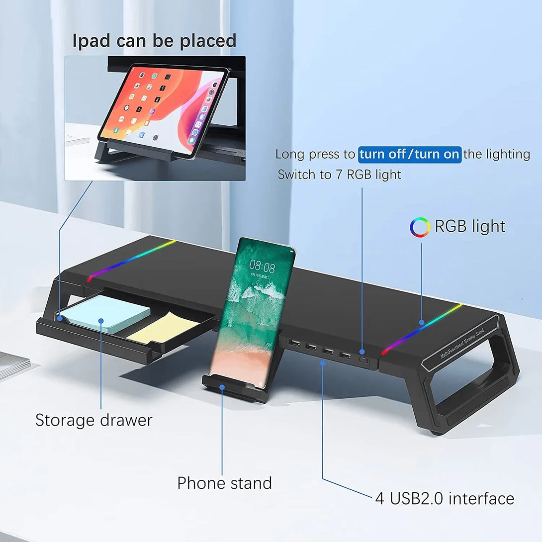 iDock Home Office Desktop Foldable Gaming Lights Computer RGB Monitor Riser Stand with USB HUB and Drawer - iDock Laptopstand