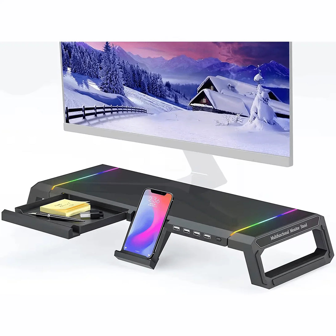 iDock Home Office Desktop Foldable Gaming Lights Computer RGB Monitor Riser Stand with USB HUB and Drawer - iDock Laptopstand