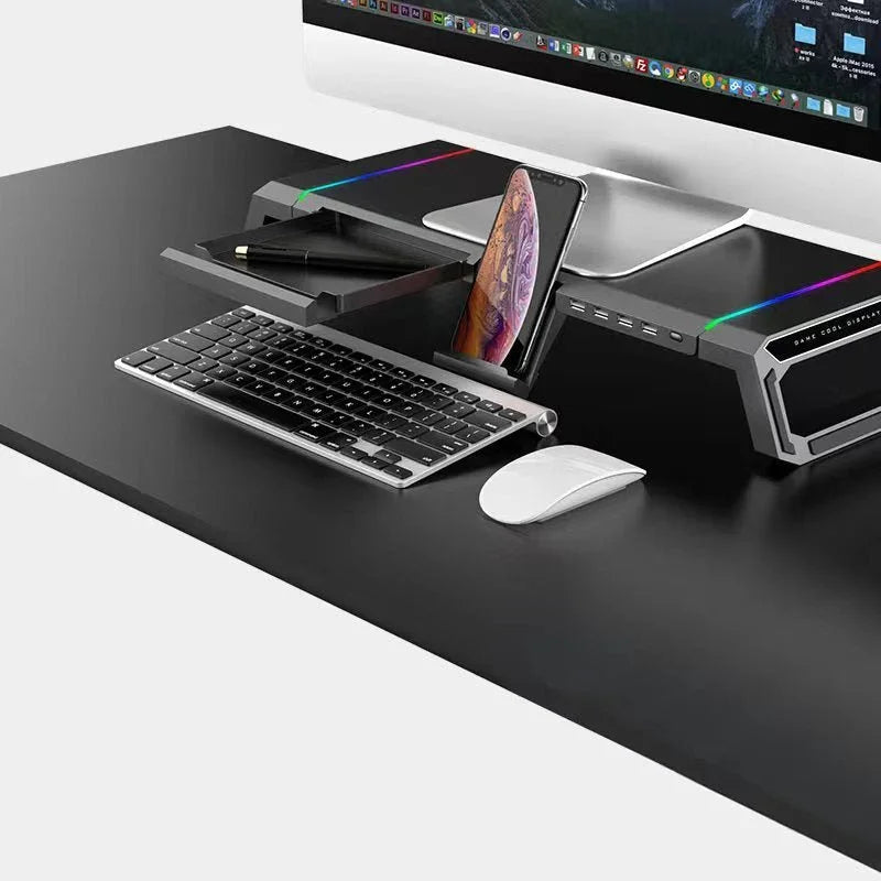 iDock Home Office Desktop Foldable Gaming Lights Computer RGB Monitor Riser Stand with USB HUB and Drawer - iDock Laptopstand