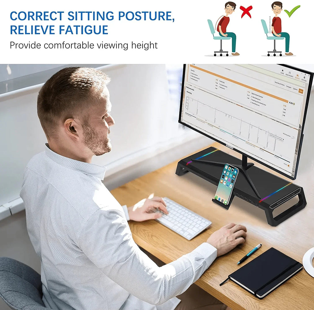 iDock Home Office Desktop Foldable Gaming Lights Computer RGB Monitor Riser Stand with USB HUB and Drawer - iDock Laptopstand