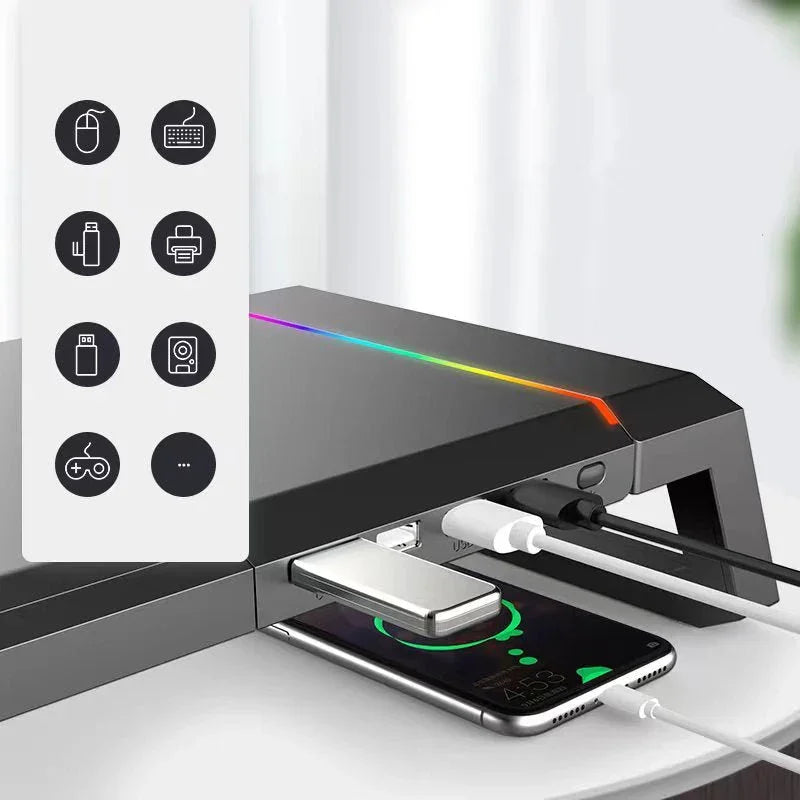 iDock Home Office Desktop Foldable Gaming Lights Computer RGB Monitor Riser Stand with USB HUB and Drawer - iDock Laptopstand