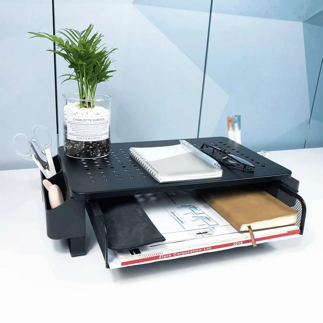 iDock Metal Mesh Printer Holder Desk with Pull Out Storage Organizer Drawer Monitor Stand Riser - iDock Laptopstand
