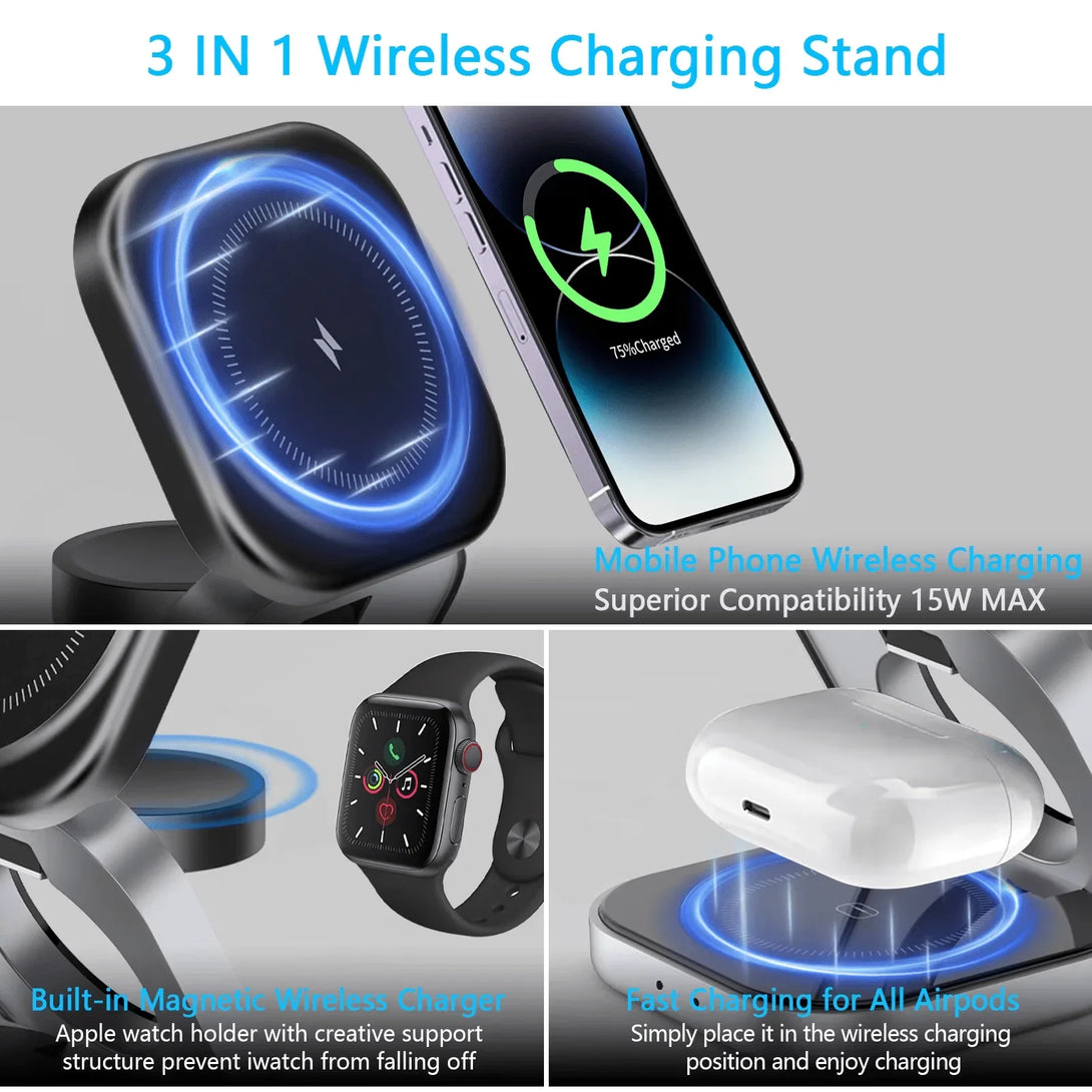 iDock Portable Foldable 3 in 1 Wireless Magnetic Phone Charger Stand 15W Wireless Fast Charging for iPhone - iDock Laptopstand