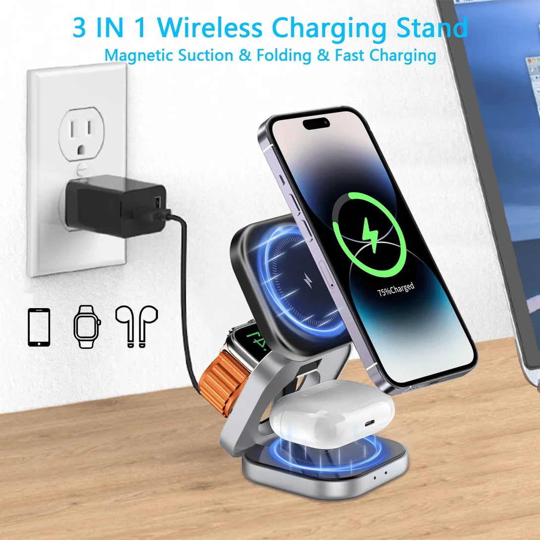 iDock Portable Foldable 3 in 1 Wireless Magnetic Phone Charger Stand 15W Wireless Fast Charging for iPhone - iDock Laptopstand