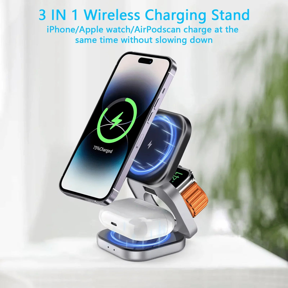 iDock Portable Foldable 3 in 1 Wireless Magnetic Phone Charger Stand 15W Wireless Fast Charging for iPhone - iDock Laptopstand
