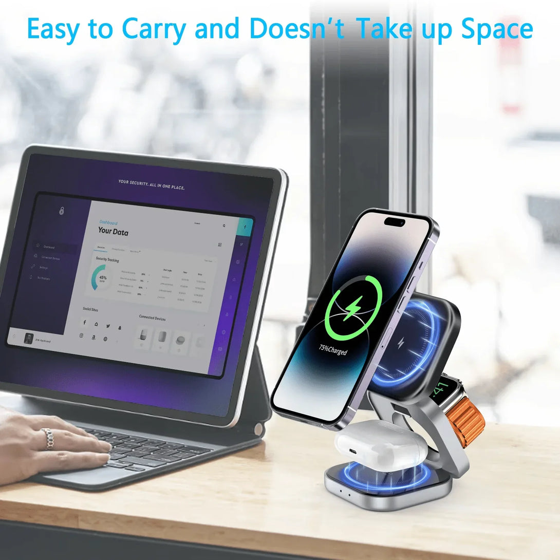 iDock Portable Foldable 3 in 1 Wireless Magnetic Phone Charger Stand 15W Wireless Fast Charging for iPhone - iDock Laptopstand