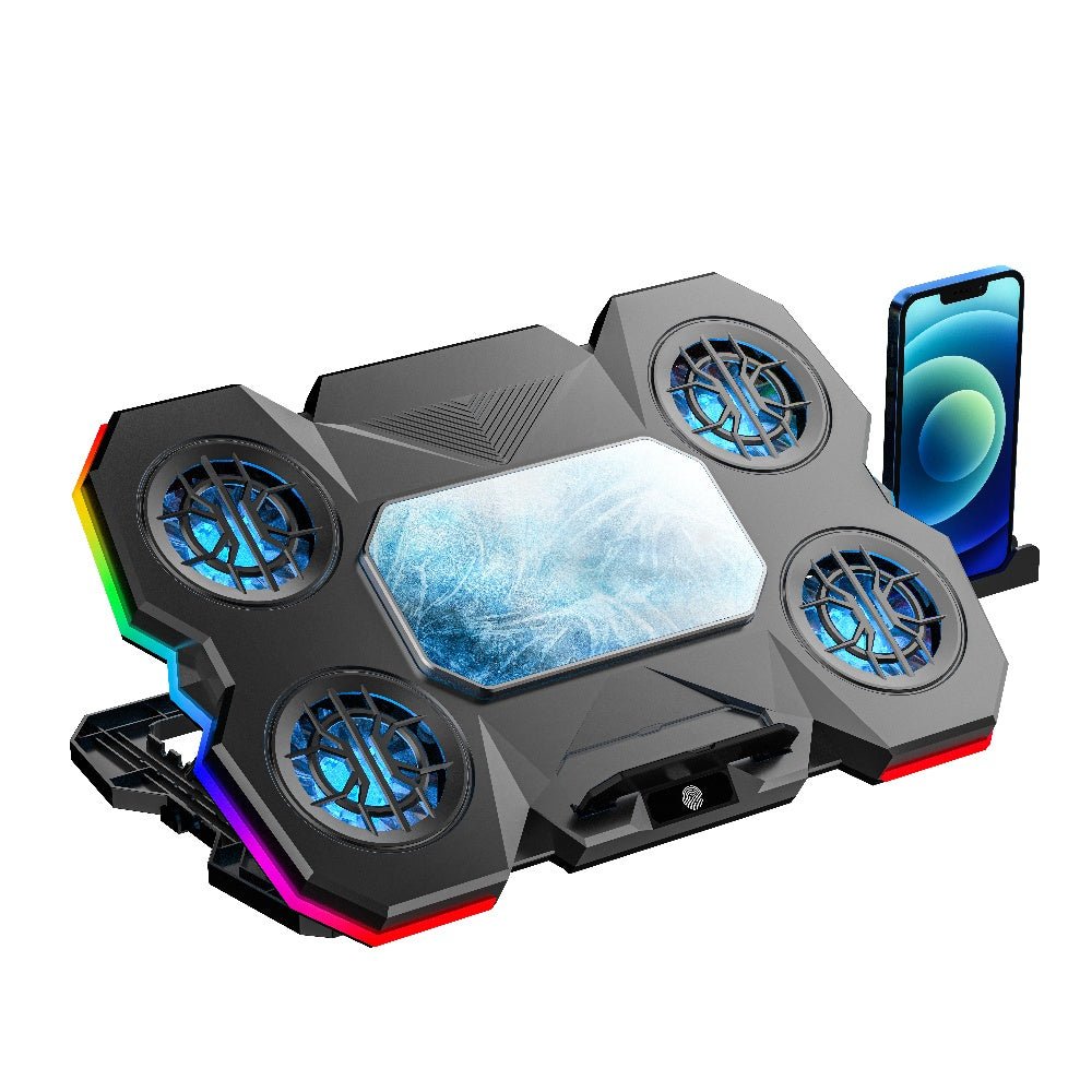 iDock Portable Folding 5 Level Heights Adjustable 5 Fans Laptop Semiconductor Cooling Pad with 10 RGB Light and Phone Stand - iDock Laptopstand