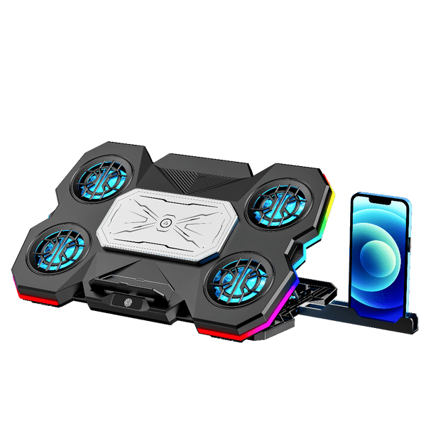 iDock Portable Folding 5 Level Heights Adjustable 5 Fans Laptop Semiconductor Cooling Pad with 10 RGB Light and Phone Stand - iDock Laptopstand