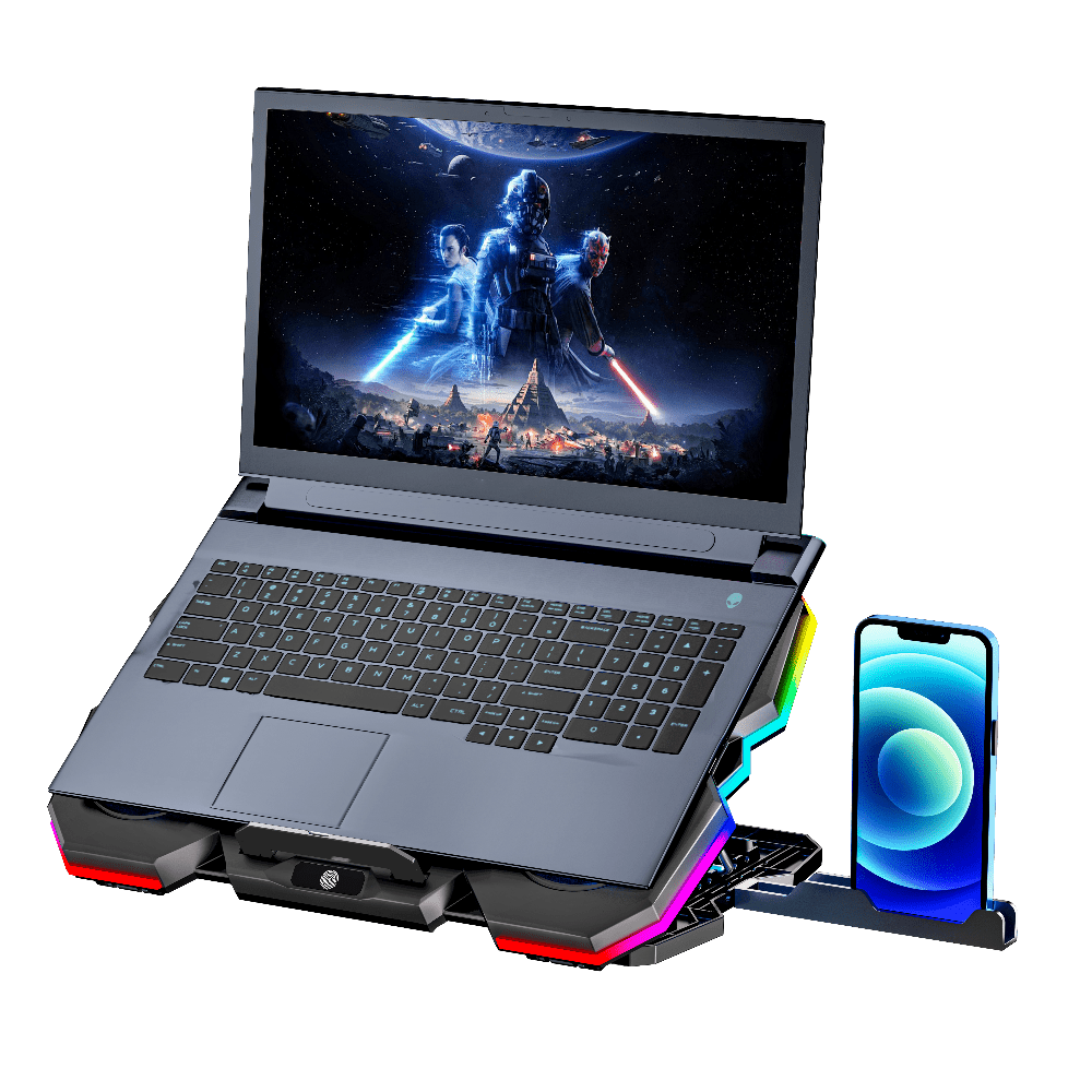 iDock Portable Folding 5 Level Heights Adjustable 5 Fans Laptop Semiconductor Cooling Pad with 10 RGB Light and Phone Stand - iDock Laptopstand