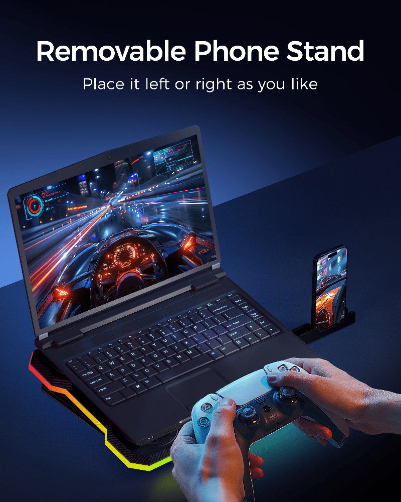 iDock Portable Folding 8 Level Height Adjustable 9 Fans Laptop Cooling Pad with 10 RGB Light Laptop Cooler with Removable Phone Stand - iDock Laptopstand