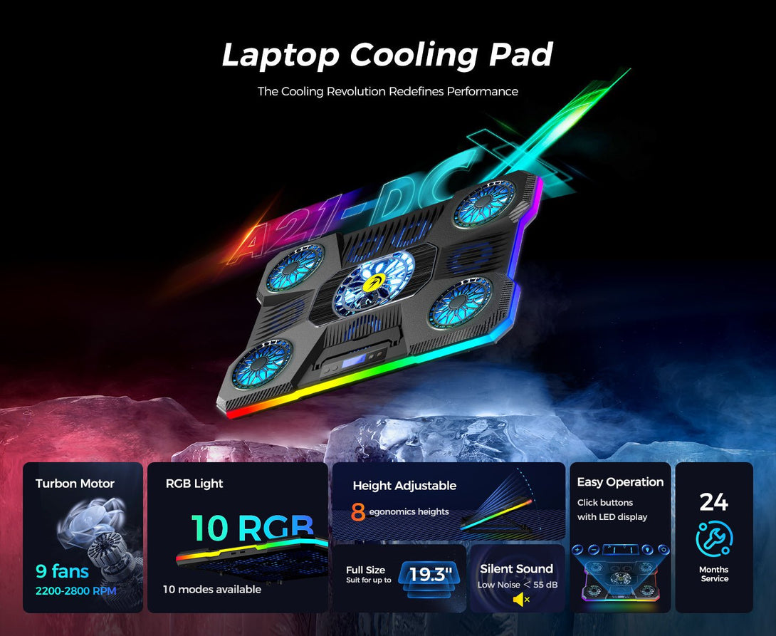 iDock Portable Folding 8 Level Height Adjustable 9 Fans Laptop Cooling Pad with 10 RGB Light Laptop Cooler with Removable Phone Stand - iDock Laptopstand