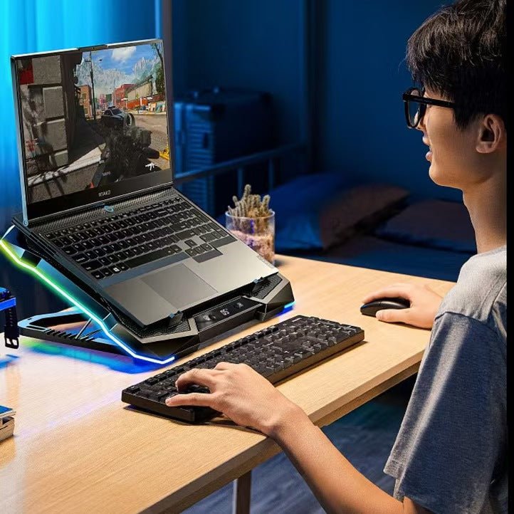 iDock Portable Folding 8 Level Heights Adjustable 10 Fans Laptop Cooling Pad with RGB Light Metal Laptop Cooler - iDock Laptopstand