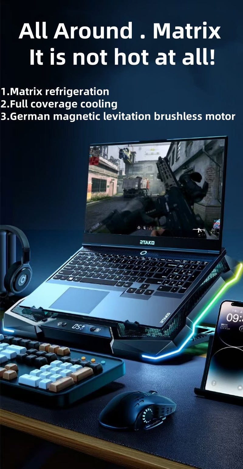iDock Portable Folding 8 Level Heights Adjustable 10 Fans Laptop Cooling Pad with RGB Light Metal Laptop Cooler - iDock Laptopstand