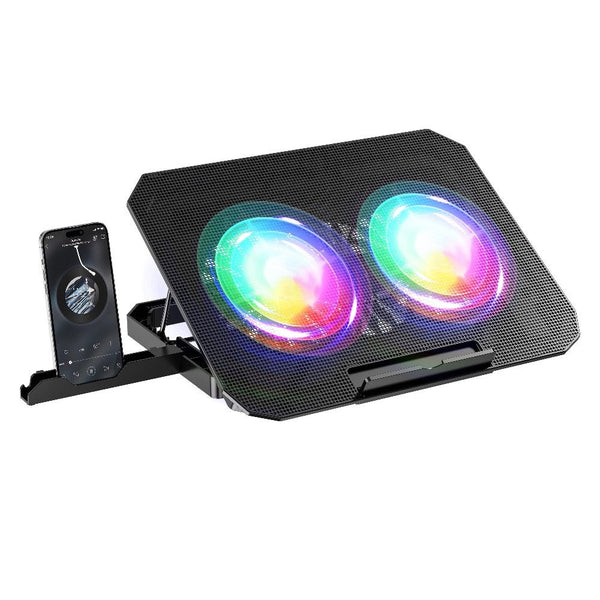 iDock Portable Folding 8 Level Heights Adjustable 2 Fans Laptop Cooling Pad with Colorful Lights Metal Laptop Cooler with Phone Stand - iDock Laptopstand