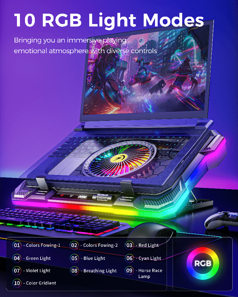 iDock Portable Folding 9 Level Heights Adjustable One Fan Laptop Cooling Pad with 10 RGB Lights and Phone Stand - iDock Laptopstand
