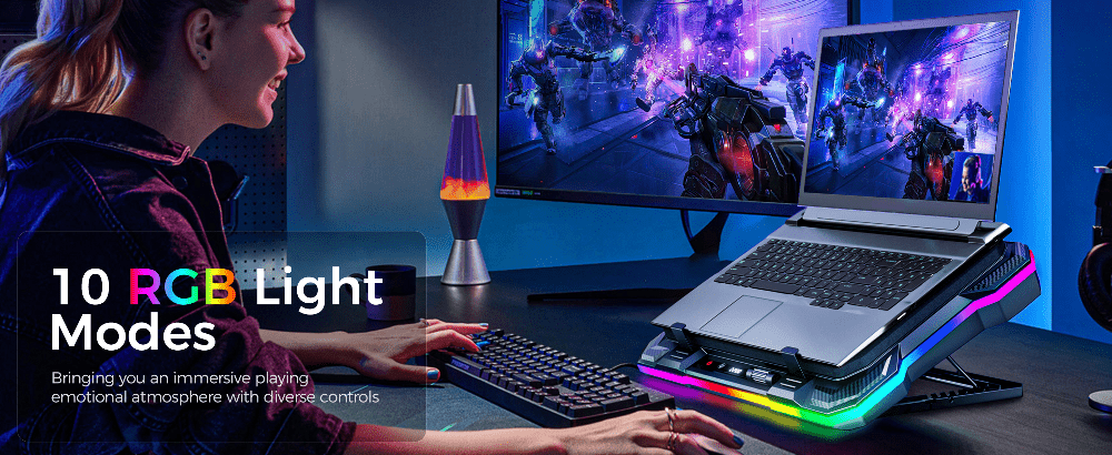 iDock Portable Folding 9 Level Heights Adjustable One Fan Laptop Cooling Pad with 10 RGB Lights and Phone Stand - iDock Laptopstand
