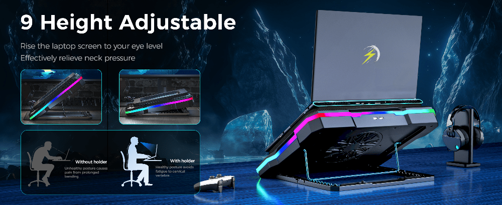 iDock Portable Folding 9 Level Heights Adjustable One Fan Laptop Cooling Pad with 10 RGB Lights and Phone Stand - iDock Laptopstand