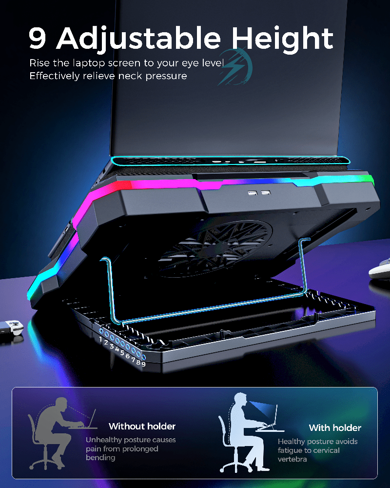 iDock Portable Folding 9 Level Heights Adjustable One Fan Laptop Cooling Pad with 10 RGB Lights and Phone Stand - iDock Laptopstand