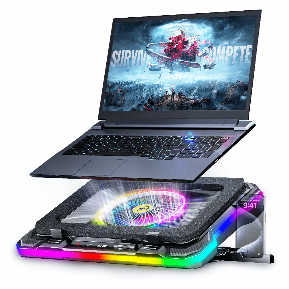 iDock Portable Folding 9 Level Heights Adjustable One Fan Laptop Cooling Pad with 10 RGB Lights and Phone Stand - iDock Laptopstand