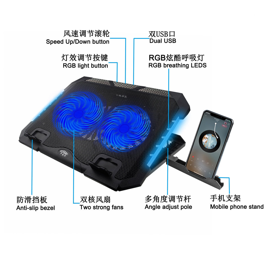 iDock Portable Folding Two Fans Laptop Cooling Pad with Ten RGB Lights Laptop Cooler Support 12 - 17 Inch Laptop with Phone Stand - iDock Laptopstand