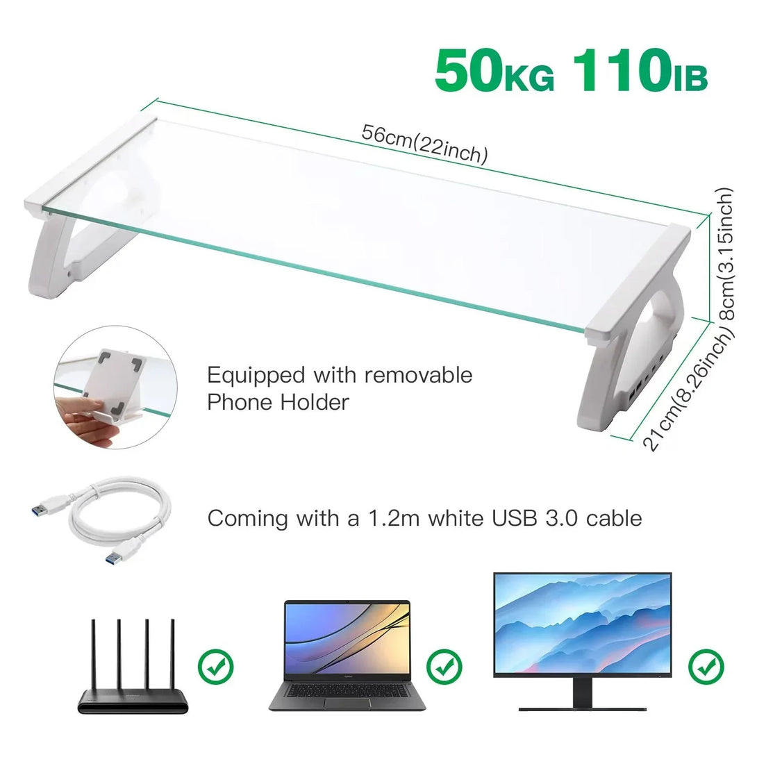 iDock Tempered Glass Smart Computer Monitor and Laptop Riser Stand with Phone Holder with USB Hub - iDock Laptopstand