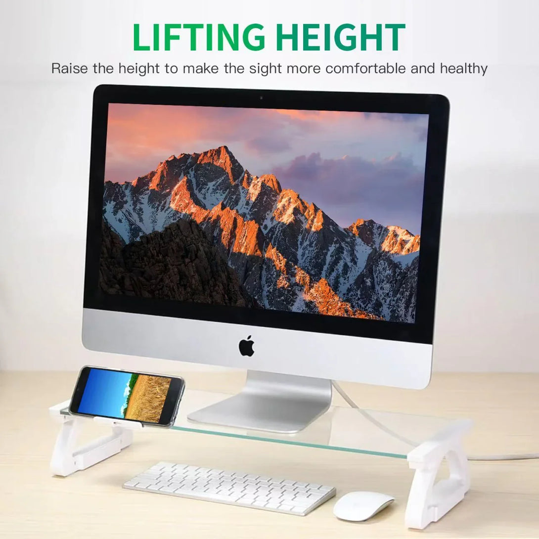 iDock Tempered Glass Smart Computer Monitor and Laptop Riser Stand with Phone Holder with USB Hub - iDock Laptopstand
