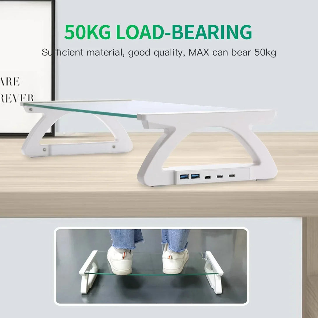 iDock Tempered Glass Smart Computer Monitor and Laptop Riser Stand with Phone Holder with USB Hub - iDock Laptopstand